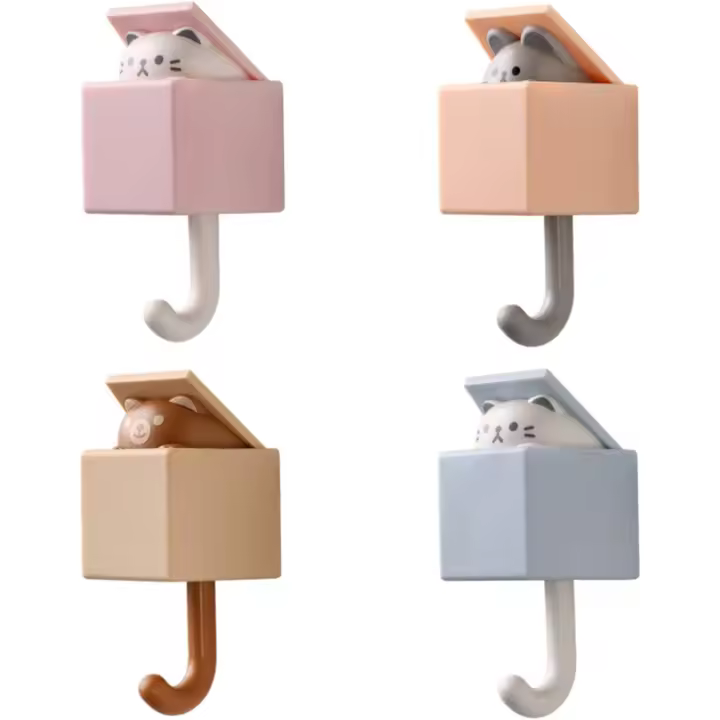 Juego de 4 ganchos de pared para abrigos, bufandas, sombreros, toallas, llaves y bolsos. Ganchos creativos con forma de gato para habitación infantil. Sin necesidad de taladrar. - 1