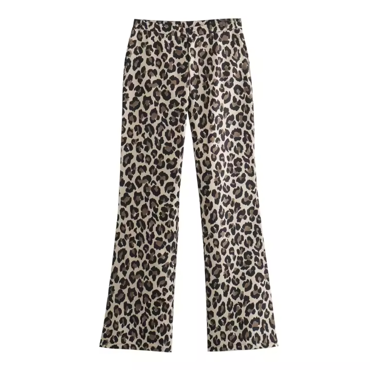 New 2024 Women Vintage Leopard Flared Pants Mid Waist Female Casual Trousers - 1