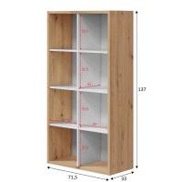 Meimon Estantería NOA alta de 8 huecos, montaje vertical u horizontal, melamina TIPO E1 (22 y 15 mm), trasera MDF lacado blanco, estantes fijos, acabado Roble Nodi y Blanco Artik, herraje metálico, 137x71,5x33 cm, peso máx. 30 kg - details 0