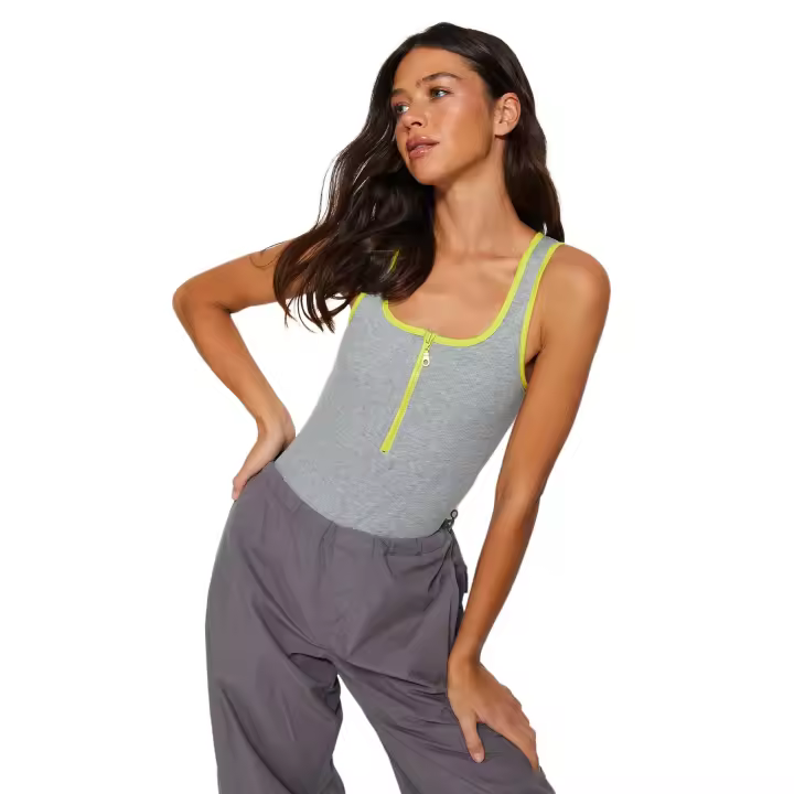 Trendyol Gray Melange Zipper Contrast Piping Detailed Cotton Ribbed Flexible Snaps Knitted Body Twoss23Bd00035 - 1