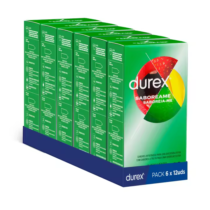 Durex - Preservativos Saboreame para Mayor Sensación, sabor fresa. naranja. platano, manzana, Pack 72 condones para un sexo seguro - 1