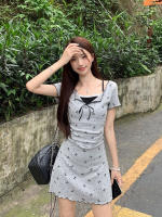 Vestido Mini Estampado Con Lazo Dos Piezas Para Mujer Verano Patchwork En Raso Manga Corta Estilo Y2K Streetwear Coreano Slim Fit - details 4