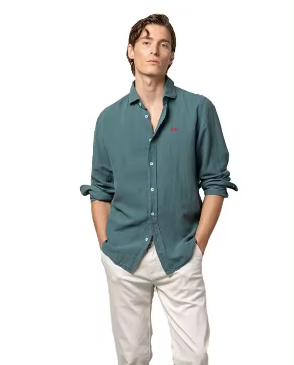 S24040359 Camisa De Hombre Scotta Lino Y Algodon De Corte Regular - Verde Oscuro - 1