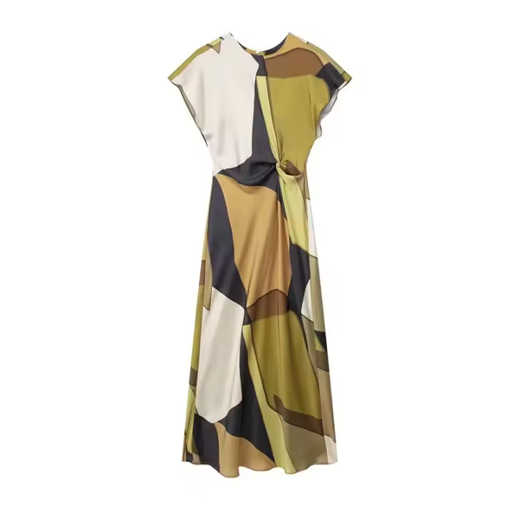 Vestido Largo De Verano Para Mujer TRAFZA 2024 Estampado O-Neck Mangas Cortas Espalda Hueca Vintage Chic Pliegues Sueltos Vestido Hasta La Rodilla - 1