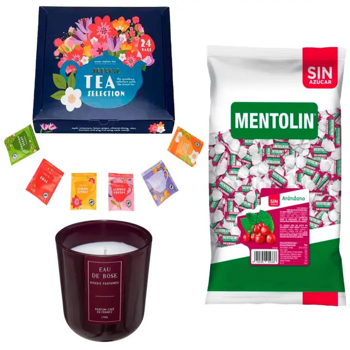 Pack Balsámico: MENTOLIN ARANDANO S/A BOLSA 1KG + Vela perfumada rosa de silicona 170 g + Set de Te con 24 bolsitas con diferentes sabores y aromas - 1