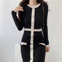 Vestido De Suéter Para Mujer 2024 Otoño Invierno Manga Larga Elegante Color Negro Midi Patchwork A-Line Estilo Casual - details 6