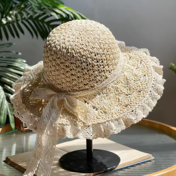 Sombrero De Paja Plegable Con Borde De Encaje Para Mujer Sombrero De Sol Con Lazo Bonito Para Vacaciones Y Playa - 1