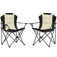 Outsunny Conjunto de 2 Sillas Plegables Camping con Respaldo Alto Sillas de Camping Portátil Acolchado con Reposabrazos Portavasos y Bolsas de Transporte para Acampada Jardín Terraza Crema y Negro - details 0