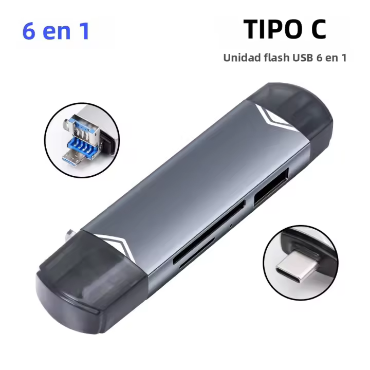 Lector de tarjetas multi-función 6 en 1 tipo-C USB/TF/SD para adaptador de memoria de disco de flash para móvil y computadora - 1