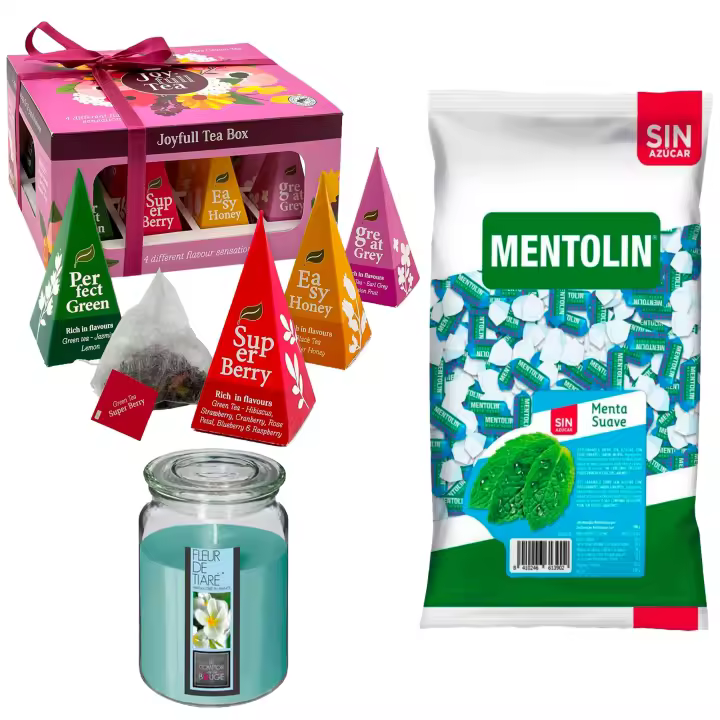 Pack bienestar: MENTOLIN MENTA SUAVE S/A BOLSA 1KG + Vela perfumada con flor tiare + Caja de Té Joyfull con variedad de sabores - 1