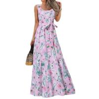 Vestido Largo Impreso Sin Mangas Para Mujer Elegante De Verano Primavera Con Cinturón Estilo Casual Playa Vacaciones - details 5