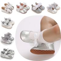 Zapatos De Princesa Plateada Para Bebés Recién Nacidos 0-18M Casual Con Lazo Antideslizante Suela De Tela Bajo El Tobillo PU Decoración De Cinta Para Niñas - details 1