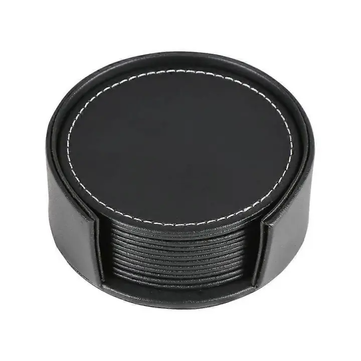 Paquete de 6 posavasos de cuero para vasos, posavasos negros para vasos, barra de café con soporte para posavasos - 1