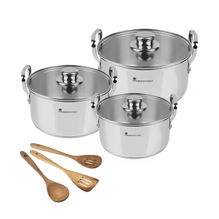 MasterPro Smart | Juego de Cocina | Batería de 6 Piezas y 3 Utensilios | Ollas de Acero Inoxidable | Juego de Cacerolas de 11,7 L, 6,5 L y 3,1 L | Aptas para Todo Tipo de Cocinas - 1