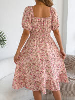 Vestido Elegante De Primavera Y Verano Para Mujer Con Estampado Floral Cuello Cuadrado Manga Corta Volante Al Borde Vestido A-Line De Rodilla - details 1