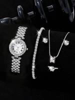 Juego De 5 Piezas Reloj De Pulsera Para Mujer Con Anillo Collar Y Pendientes De Strass Moda Casual Joyería Femenina - details 5
