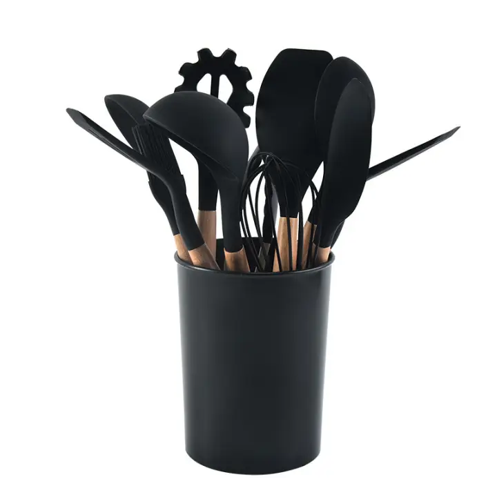 Set de 12 Utensilios de Cocina de Silicona con Mango de Madera - Antiadherentes, Faciles de Limpiar - Herramientas Esenciales de Cocina para Hornear y Cocinar - 1