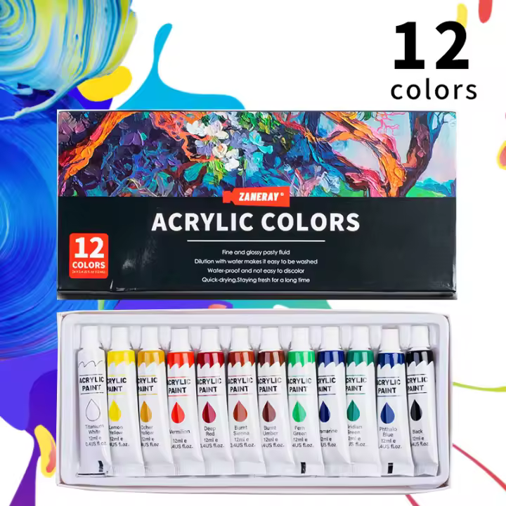 Set de pintura acrílica en tubos (12 ml) - 12/24 colores para artistas y niños - 1