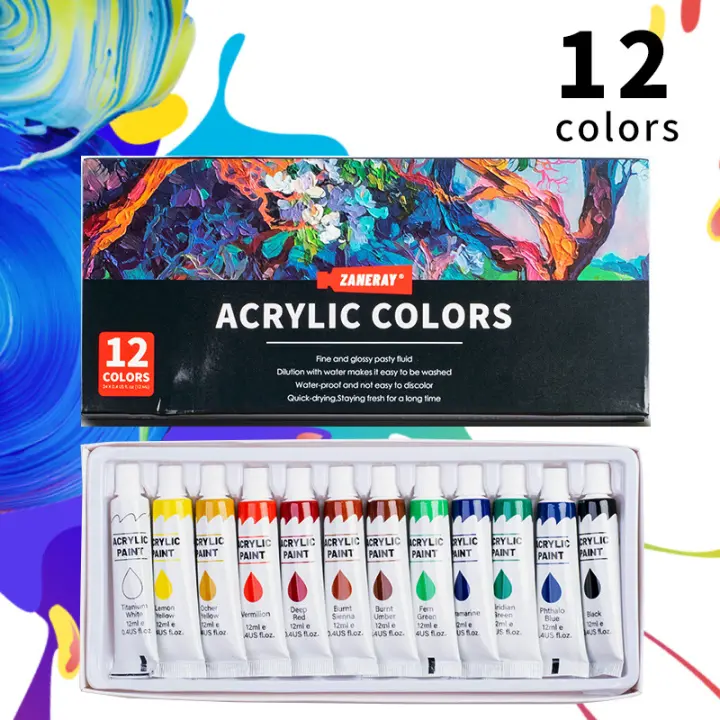 Set de pintura acrílica en tubos (12 ml) - 12/24 colores para artistas y niños - 1