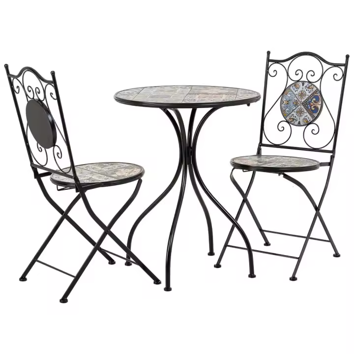 WANDERLUST DECO Conjunto Mesa y Sillas de Mosaico y Forja Negro para Exterior - Ideal para Comidas Al Aire Libre - 1