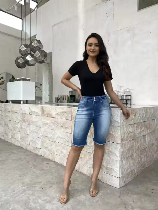 Pantalones De Mezclilla Para Mujer Cintura Alta Ajustados Diseño De Lana Casual De Rodilla Longitud Cierre Con Botón Y Cremallera - 1