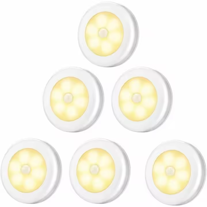 Luz LED con sensor de movimiento para armario de 6 luces nocturnas con base magnética para cocina, escalera, vitrina, luz blanca cálida - 1
