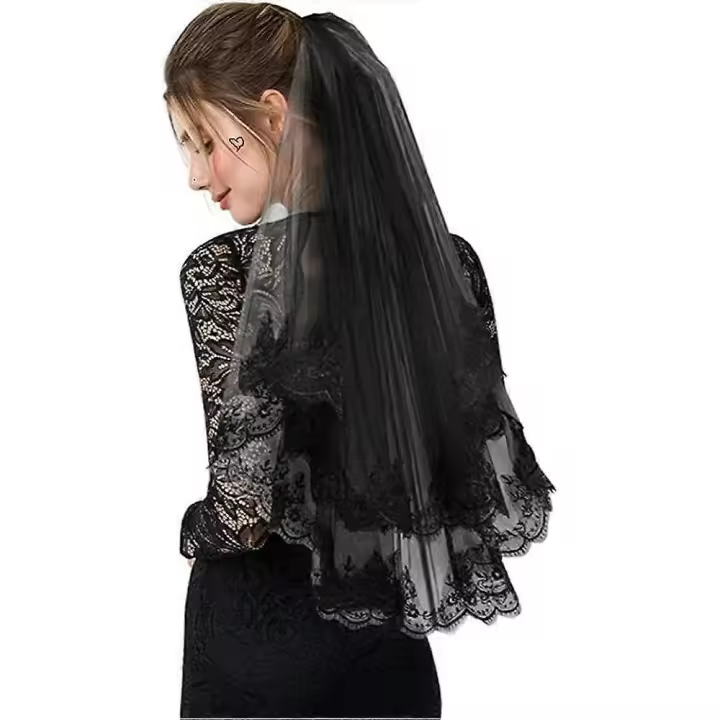 Velo nupcial negro Halloween doble capa velo de novia con peine del pelo accesorios decorativos de la boda - 1
