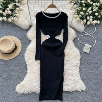 Vestido De Punto Para Mujer REALEFT Otoño Invierno Con Abertura Lateral Y Cuello Redondo Manga Larga Solido Vestido Recto De Oficina - details 4