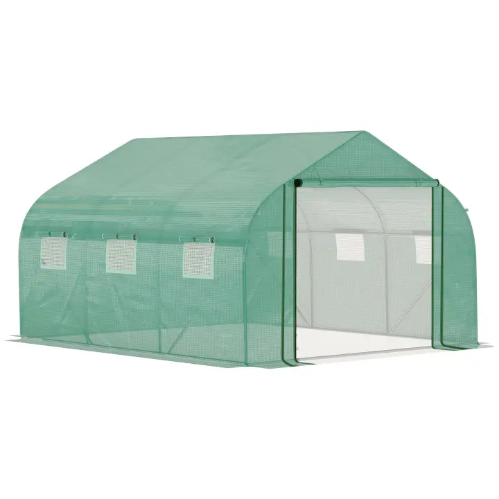 Outsunny Invernadero de Túnel 3,5x3x2 m Invernadero de Jardín con Puerta y 6 Ventanas Enrollables de Polietileno Metal Galvanizado para Cultivos Plantas Flores Verde - 1