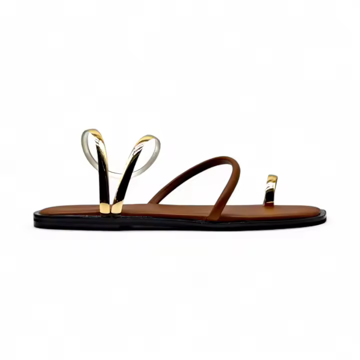 Sandalias Planas de Mujer con Punta Cuadrada, Tira Dedo y Pulsera Tobillera Metálica en Dorado y Plateado, Diseño Minimalista y Elegante para Verano, Playa o Eventos Casuales - 1