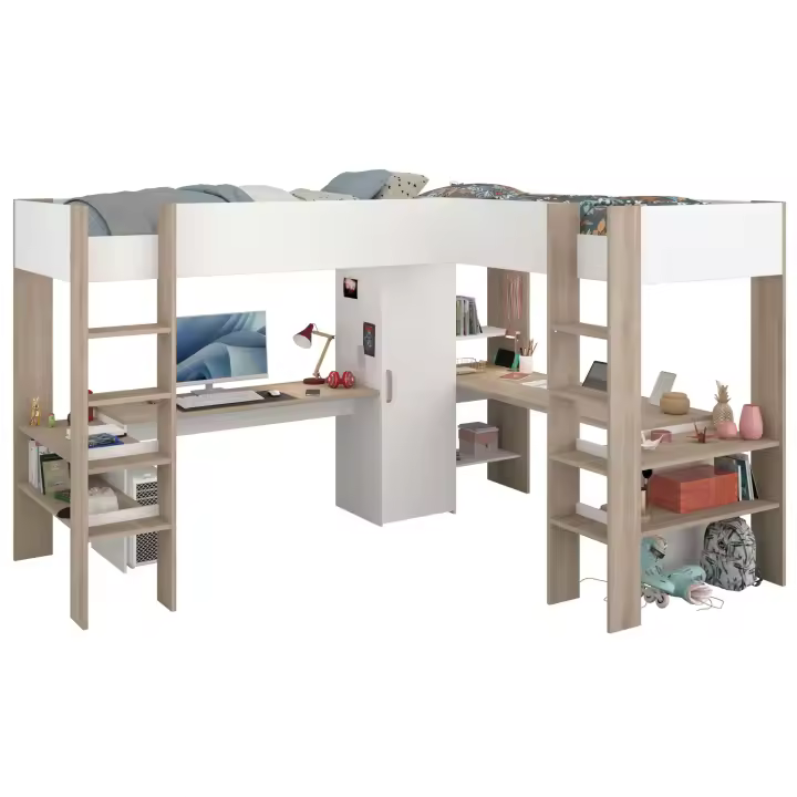 Cama Alta Doble Modelo Río con Escritorios en Blanco Mate y Roble Japonés 296x233x180 cm - 1