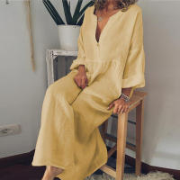 Vestido Casual De Algodón Lino Para Mujer Manga Larga Cuello V Midi Verano Elegante Holiday Weekend Street Dresses - details 4