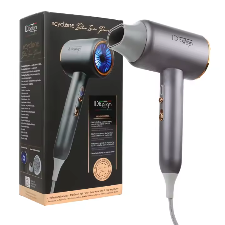 Italian Design - Secador de Pelo Iónico Profesional Cyclone Blue Ionic Power - Secador de Cabello con 2200W de Potencia, 3 Modos de Calor, Botón de Aire Frío, 3 Velocidades y Función Iónica - Gris - 1
