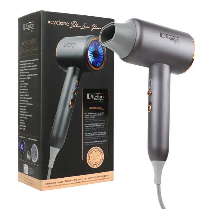Italian Design - Secador de Pelo Iónico Profesional Cyclone Blue Ionic Power - Secador de Cabello con 2200W de Potencia, 3 Modos de Calor, Botón de Aire Frío, 3 Velocidades y Función Iónica - Gris - 1