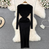 Vestido Largo A-Line Elegante De Cintura Alta Con Escote En V Para Mujer REALEFT Knitted Wrap Vestido De Poliéster Otoño Invierno - details 26