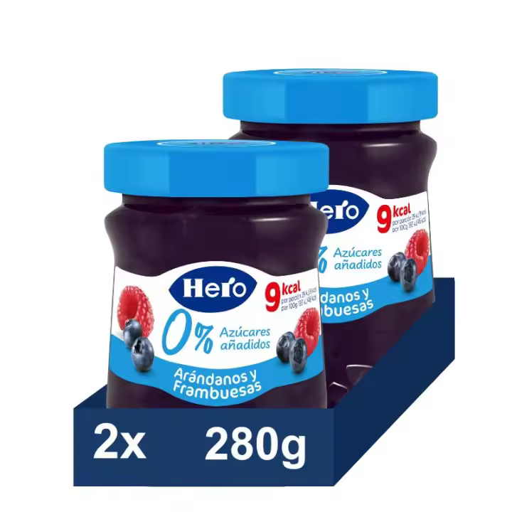 Hero. Mermelada de Arándanos y Frambuesas, 0% Azúcar añadido. Pack 2x280g - 1