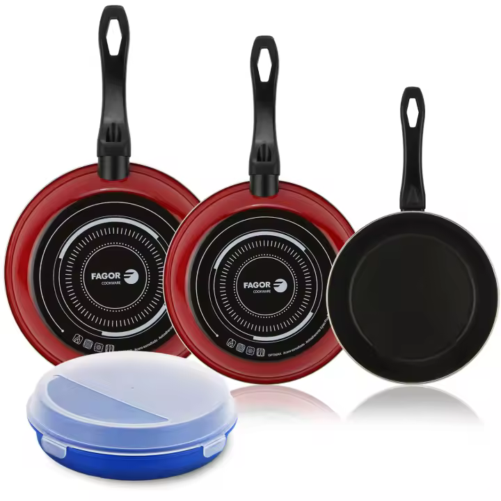 Fagor Optimax - Juego de Sartenes Rojas 20+24+28cm + Taper 24.5cm , Antiadherente Bicapa, Acero Esmaltado, Todas las Cocinas, Lavavajillas, Inducción - 1