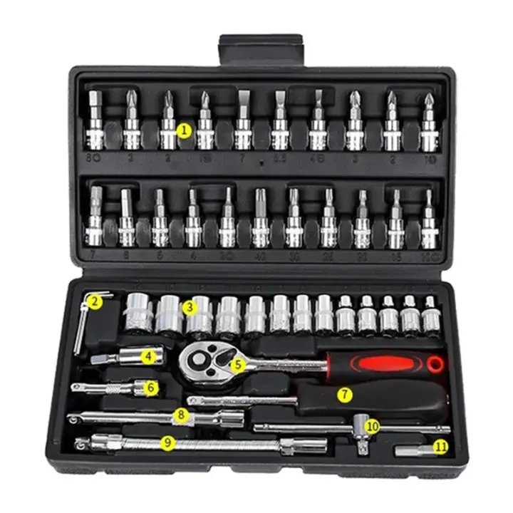 Juego De Herramientas De Sjeción 46Pcs 1/4-Pulgada Llave De Fijación Y Llave De Juego Para Reparación De Coches Conjunto De Herramientas Manuales De Auto Reparación - 1