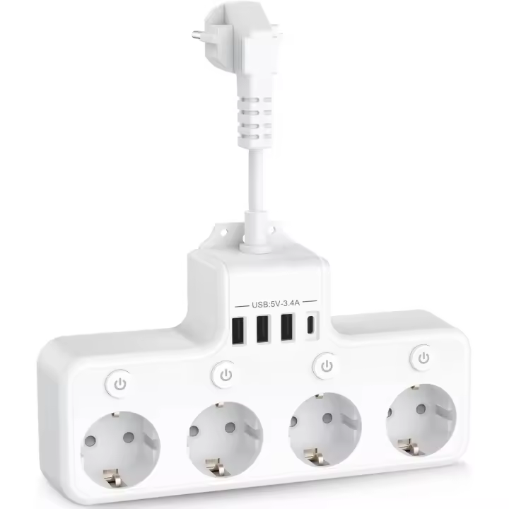 Regleta con Interruptores Individuales – 4 Enchufes + 3 Puertos USB | 1 USB-C | Enchufe Múltiple con Cable Corto de 5 cm | Adaptador de Pared Compacto, Blanco - 1