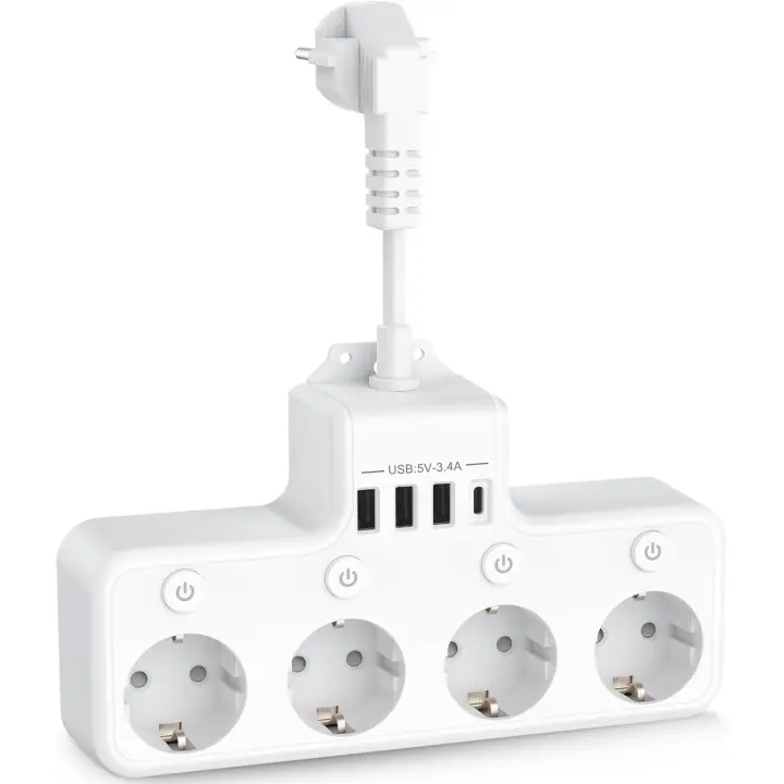 Regleta con Interruptores Individuales – 4 Enchufes + 3 Puertos USB | 1 USB-C | Enchufe Múltiple con Cable Corto de 5 cm | Adaptador de Pared Compacto, Blanco - 1