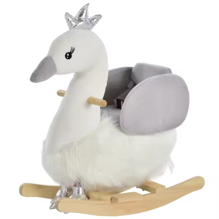HOMCOM Caballito Balancín para Bebé de +18 Meses Suave con Forma de Cisne Sonidos Reposapiés y Cinturón 60x33x59 cm Blanco y Gris - 1