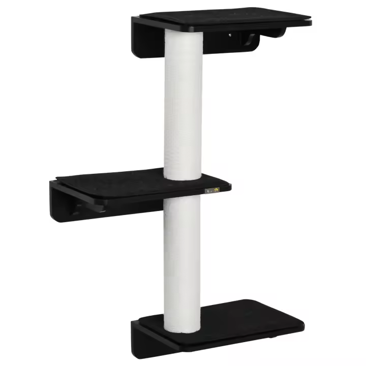 PawHut Árbol para Gatos de Pared con 3 Plataformas Cojín Extraíble y 2 Postes Rascadores de Sisal Torre para Escalar 63x28x93,5 cm Negro y Blanco - 1