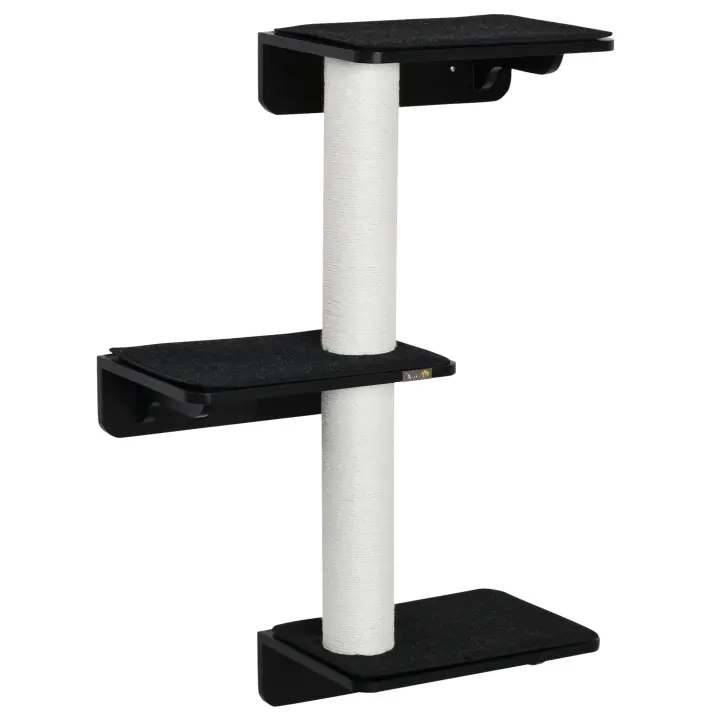 PawHut Árbol para Gatos de Pared con 3 Plataformas Cojín Extraíble y 2 Postes Rascadores de Sisal Torre para Escalar 63x28x93,5 cm Negro y Blanco - 1