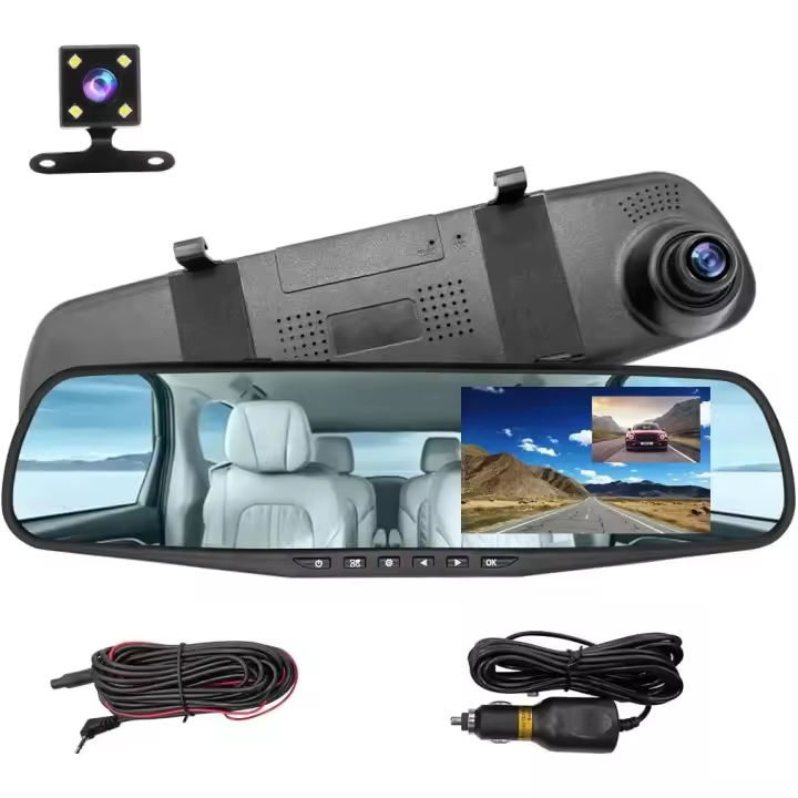 Cámara de tablero con Espejo para Automóvil, Cámara de Espejo retrovisor inteligente de 4,3 ", resistant to Agua, Gran angular frontal y trasera de 1080P HD - 1