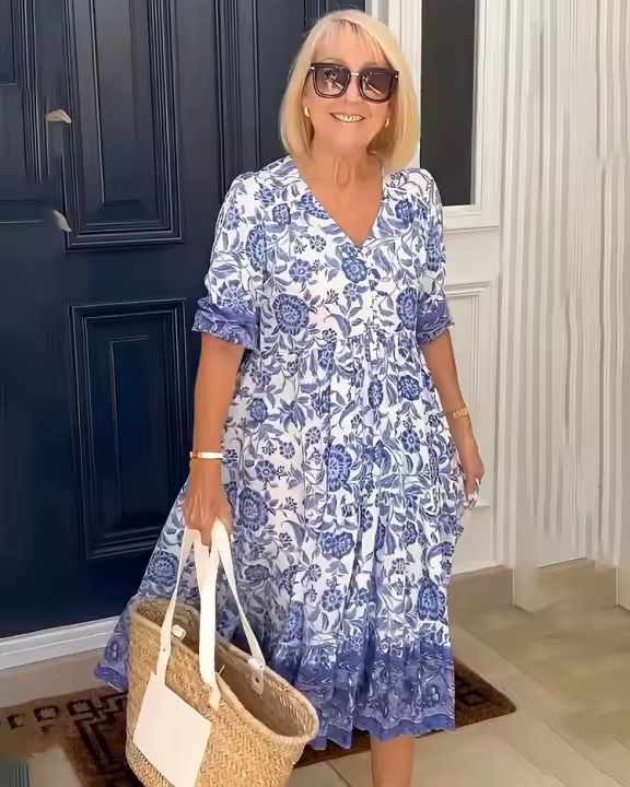 Vestido Floral Nuevo Para Mujer Cuello V Estampado Casual Largo Hasta La Rodilla Sin Estirar De Polyester - 1