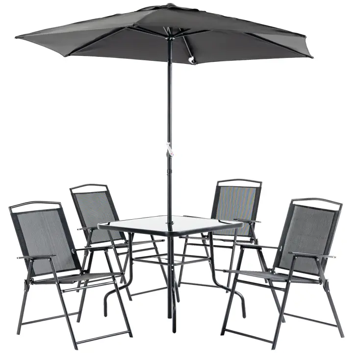 Outsunny Conjunto de Muebles de Jardín con 4 Sillas Plegables Mesa de Comedor de Vidrio y Sombrilla Inclinable Protección del Sol para Patio Terraza Exterior 80x80x70 cm - 1