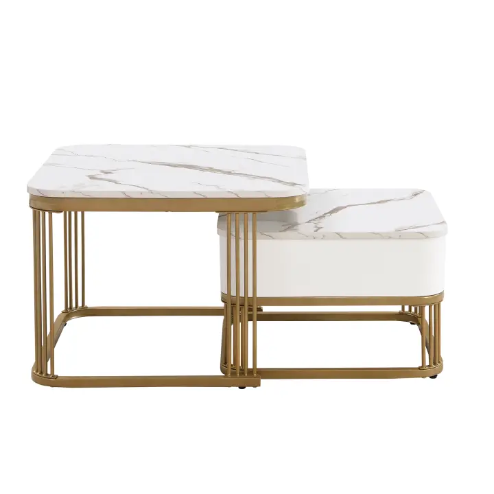 Mesa de Centro apilable: efecto Mármol DE ALTO Brillo with detalles Dorados, Mesa Auxiliar Con Cajones. Juego de dos piezas - 1