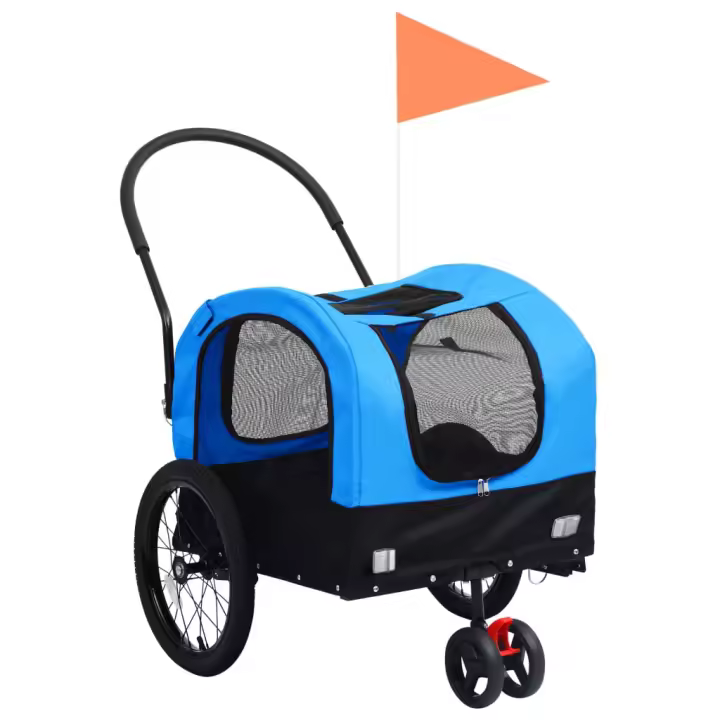 vidaXL Remolque de bicicleta para mascotas cochecito 2 en 1 azul negro - 1