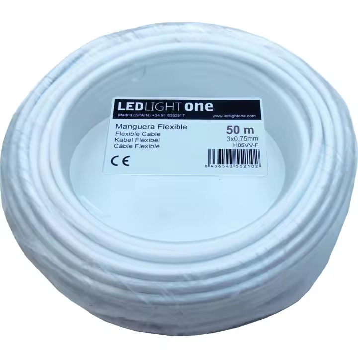 Led Light One Cable H05VV-F Conductor 3x0,75mm 50m (Blanco) Tensión de servicio: 500v Temperatura máxima de trabajo 70º.Cables para instalaciones fijas y móviles en locales domésticos y oficinas. - 1