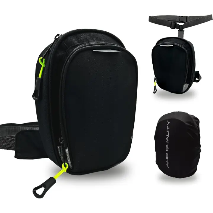 AHR Quality Pernera Moto (+Funda Impermeable) con 2 Bolsillos y Doble Sujeción | Riñonera Moto | Bolsa Pierna Moto | Riñonera Pierna Hombre y Mujer Lateral Táctica Negro - 1